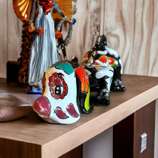 Handmade Talavera Day of the Dead Bloodhound Statue | Mexican Folk Art (Medium) colorful hand-painted ceramic Bloodhound on wooden shelf
