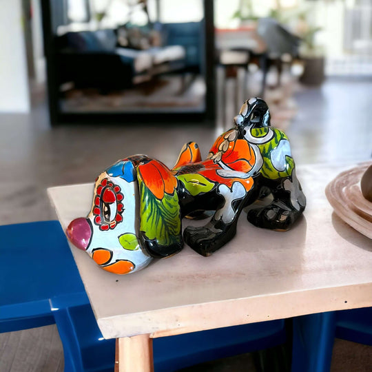 Handmade Talavera Day of the Dead Bloodhound Statue | Mexican Folk Art (Medium) colorful hand-painted ceramic dog on table