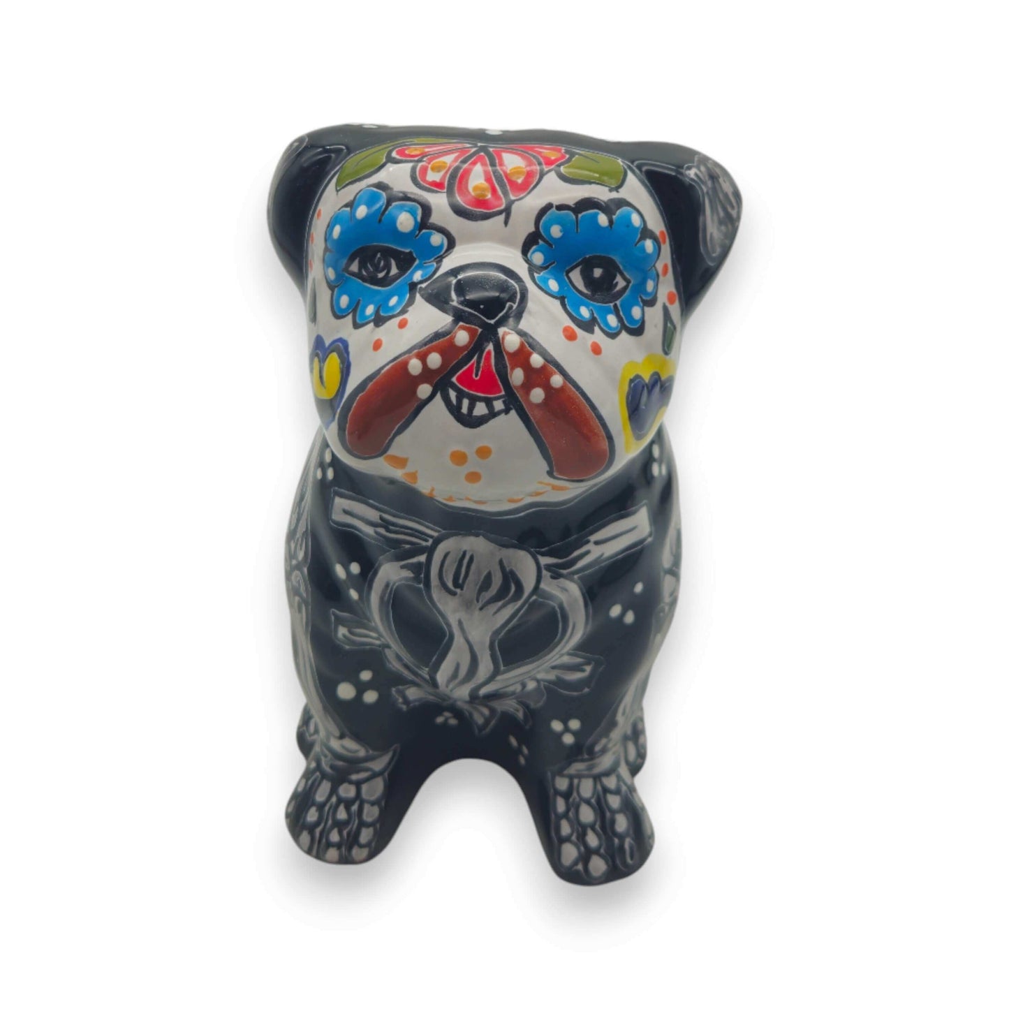 Day of the Dead Bulldog Figurine | Handmade Talavera Dog Statue hand-painted black Talavera bulldog with colorful skeletal Day of the Dead motifs