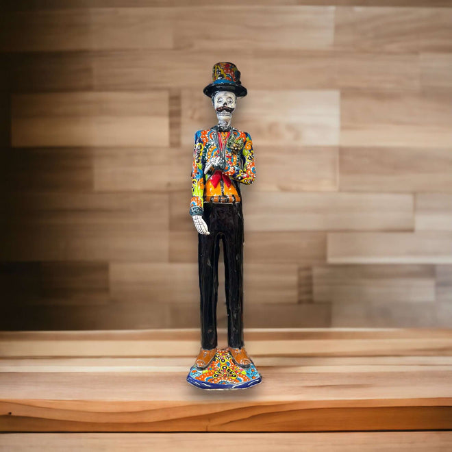 Talavera Day of the Dead Catrin | Handmade Wedding Skeleton Man - hand-painted Talavera skeleton figurine from Guanajuato, Mexico