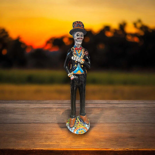 Talavera Day of the Dead Catrin | Handmade Wedding Skeleton Man - hand-painted Talavera Catrin figurine at sunset