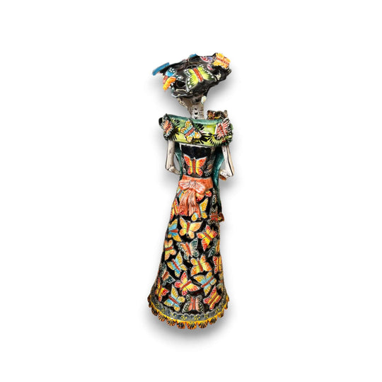 Handmade Talavera Day of the Dead Pottery | 27-Inch Tall Skeleton Woman hand-painted 27" tall colorful ceramic skeleton woman figurine