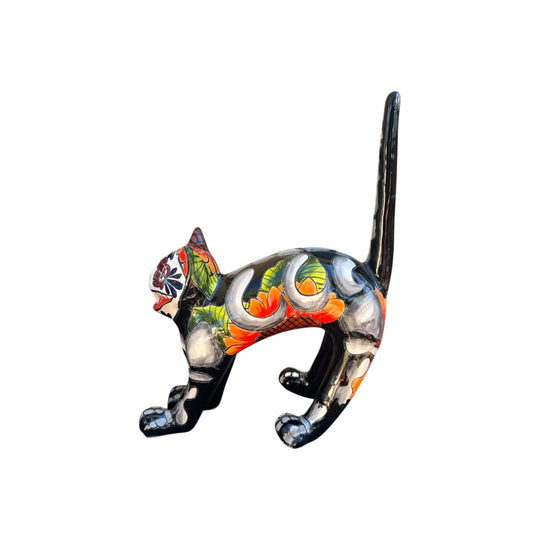 Handmade Talavera Arched Cat Statue | Day of the Dead Ceramic Cat Art - hand-painted Mexican Talavera cat sculpture at sunset