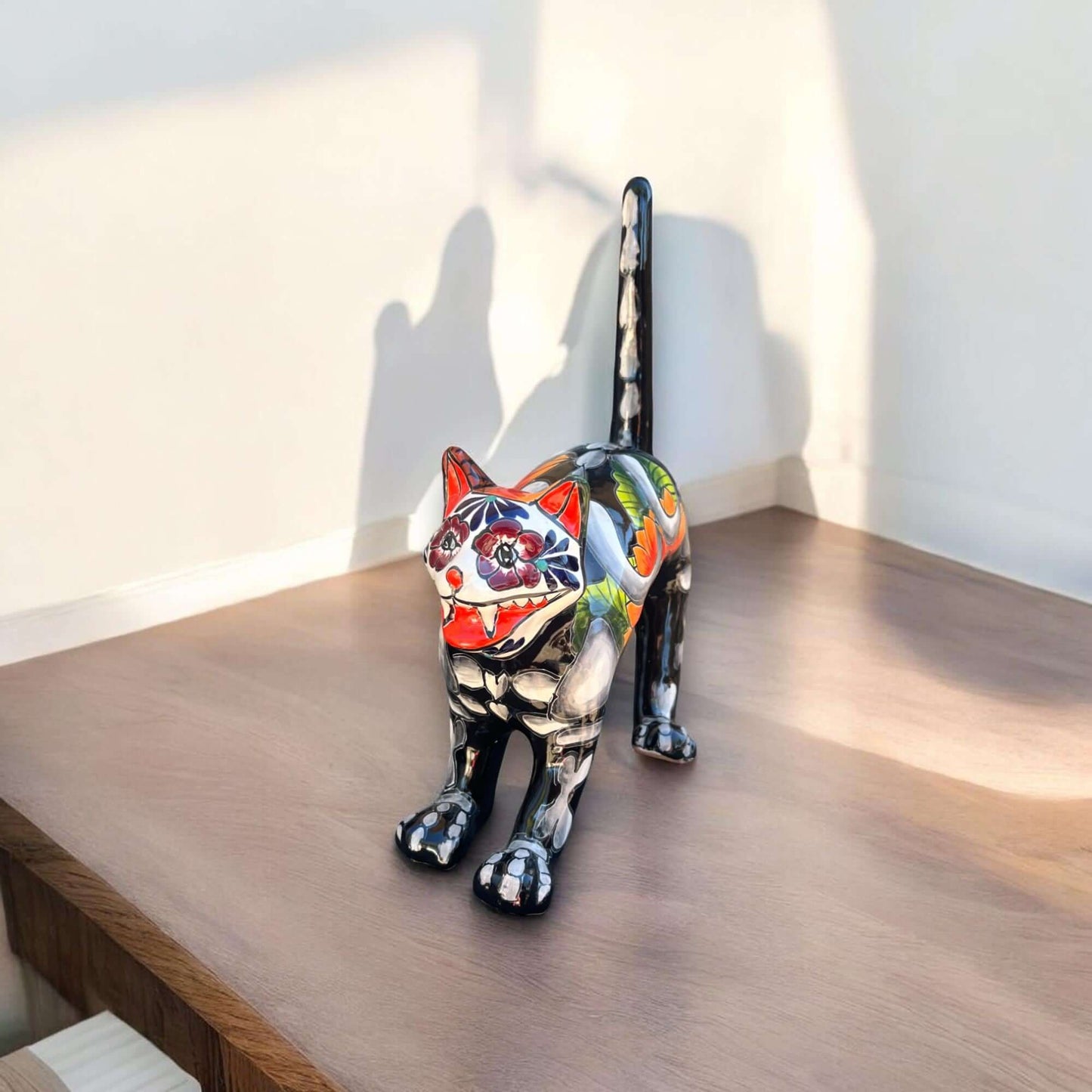 Handmade Talavera Arched Cat Statue | Day of the Dead Ceramic Cat Art - hand-painted Talavera cat statue from Guanajuato, Mexico