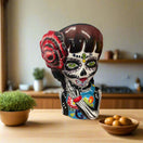 Talavera Day of the Dead Face Planter | Handmade Skull Ceramic Pot hand-painted female sugar skull planter with red flower and vibrant Talavera patterns