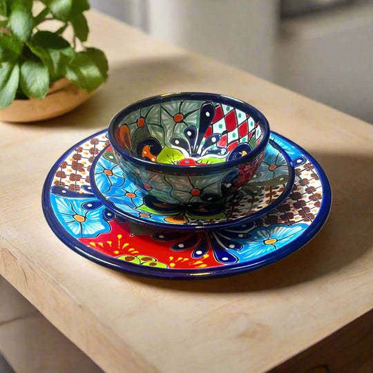 36-Piece Talavera Dinnerware Set | Handmade Mexican Plates & Bowls - hand-painted vibrant Talavera bowl, salad plate, dinner plate set