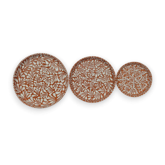 Handcrafted Talavera Dinnerware Set | Brown & White 4-Piece - three handcrafted brown and white floral patterned plates (dinner, salad, bread)