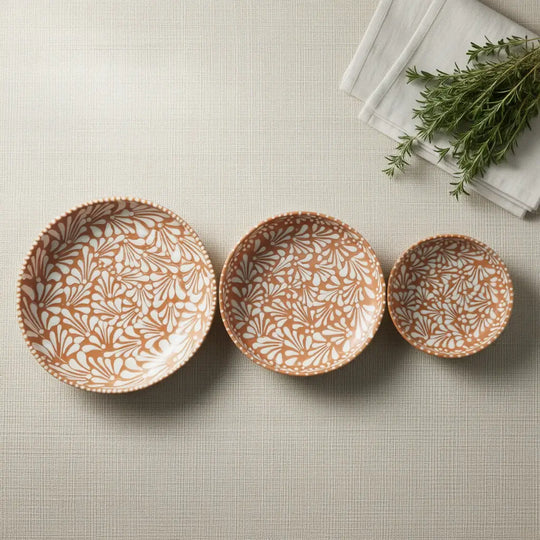 Handcrafted Talavera Dinnerware Set | Brown & White 4-Piece - three nested brown and white floral bowls, handcrafted Mexican ceramic set