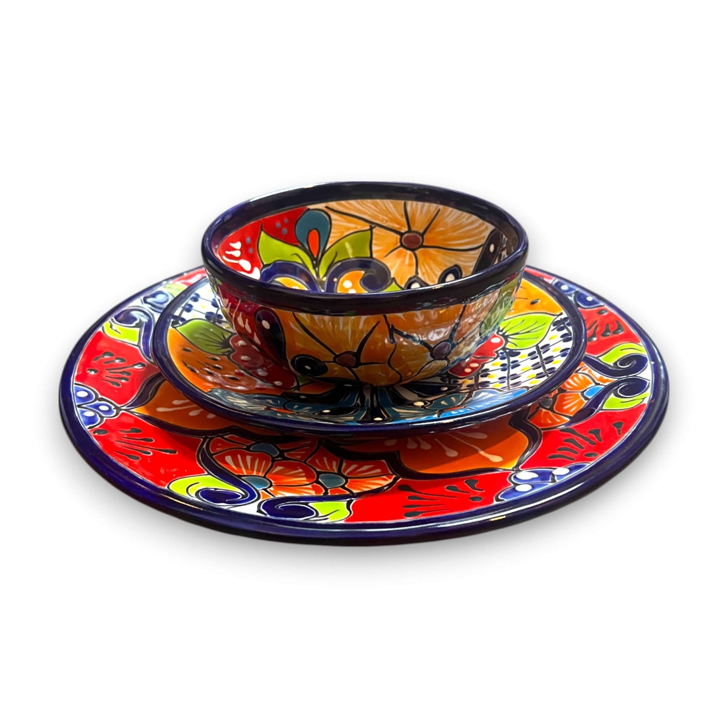 36-Piece Talavera Dinnerware Set | Handmade Mexican Plates & Bowls - vibrant hand-painted Talavera bowl and plate trio from Guanajuato, lead-free glaze