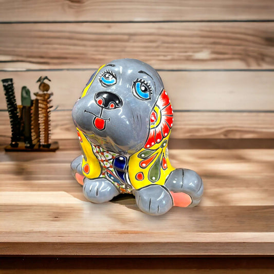 Vibrant Handmade Talavera Dog Statue | Colorful Mexican Canine Art (Medium) - hand-painted gray and yellow Talavera ceramic dog on wooden table