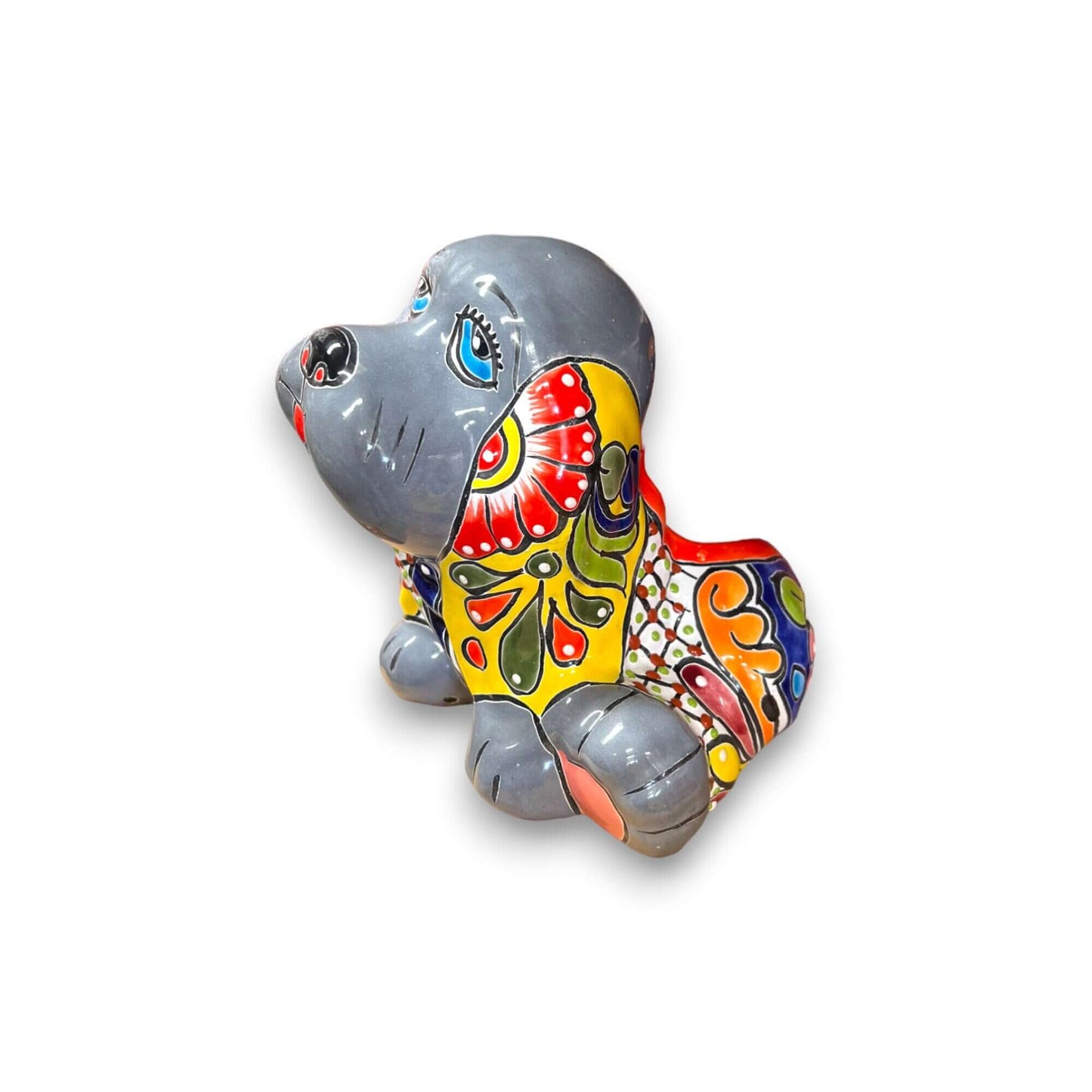 Vibrant Handmade Talavera Dog Statue | Colorful Mexican Canine Art (Medium) - hand-painted gray and multicolor Talavera ceramic dog sculpture