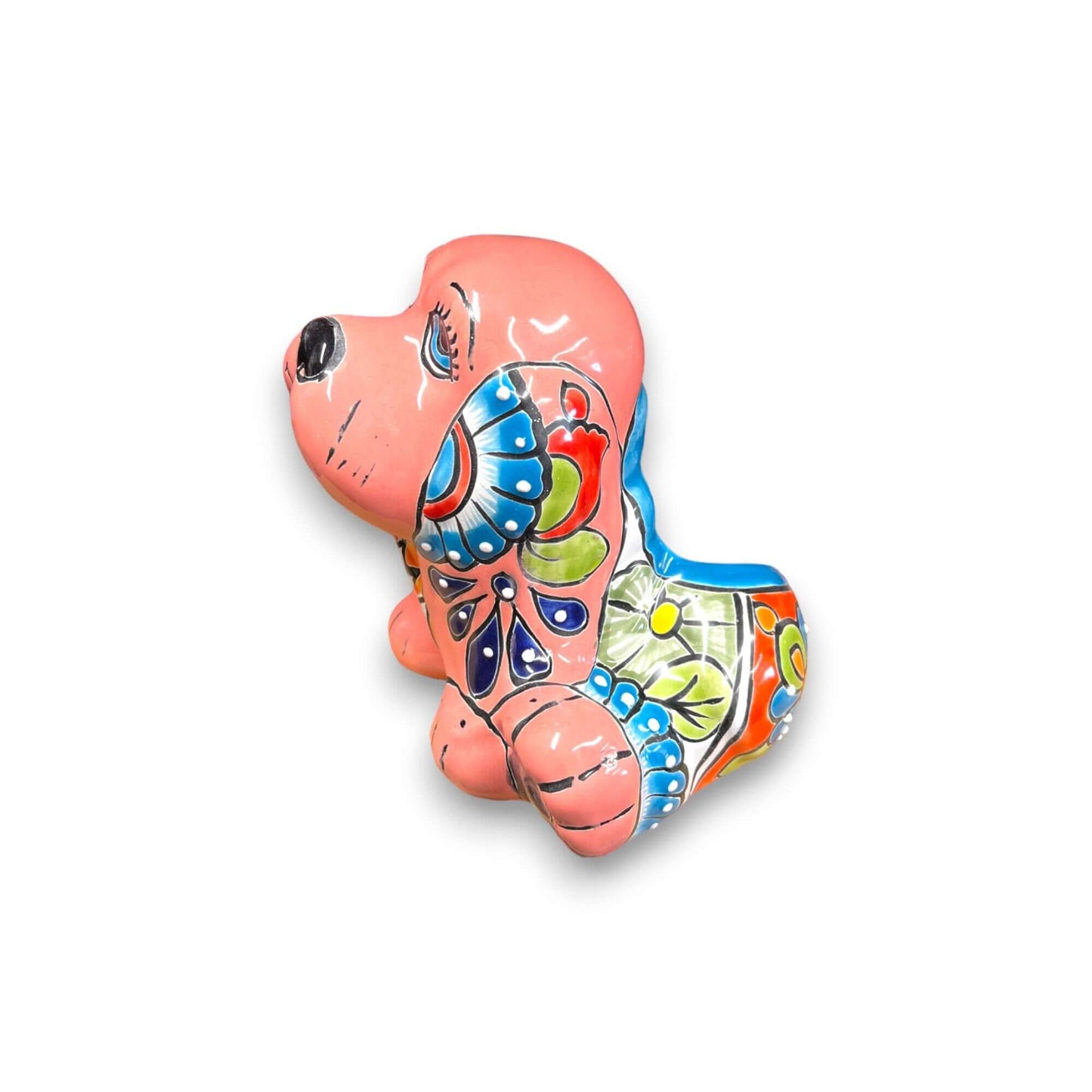 Vibrant Handmade Talavera Dog Statue | Colorful Mexican Canine Art (Medium) - pink hand-painted Talavera ceramic dog figurine