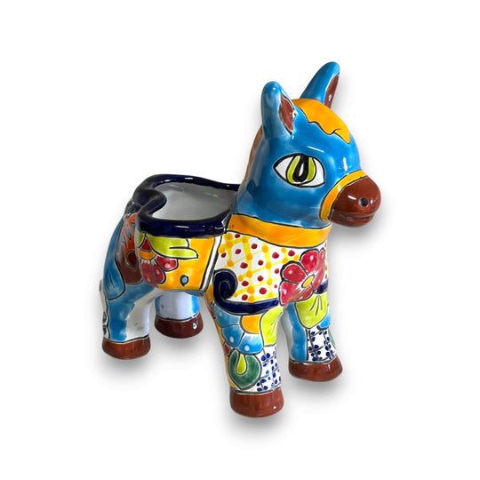 Talavera Donkey Planter | Handmade Mexican Ceramic Burro Pot - hand-painted blue Talavera ceramic donkey planter with bright floral patterns