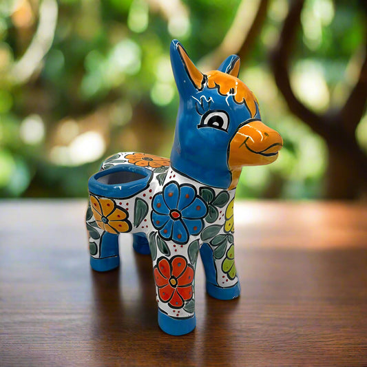 Talavera Donkey Planter | Handmade Mexican Ceramic Burro Pot - hand-painted blue floral ceramic burro planter from Guanajuato, Mexico