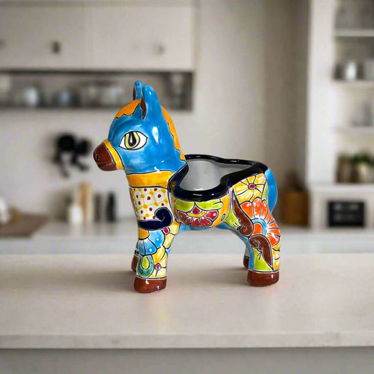 Talavera Donkey Planter | Handmade Mexican Ceramic Burro Pot - hand-painted bright Talavera ceramic donkey planter from Guanajuato, Mexico