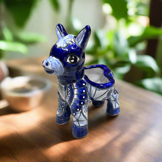 Talavera Donkey Planter | Handmade Mexican Ceramic Burro Pot - hand-painted blue Talavera ceramic donkey planter with floral patterns