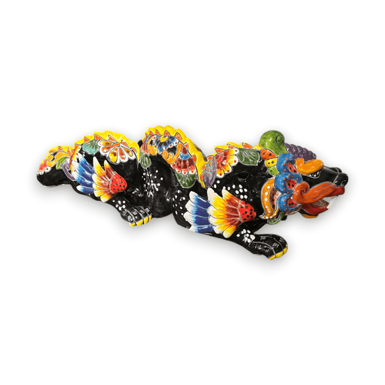 Handmade Talavera Dragon Statue | Vibrant Mexican Cultural Art - hand-painted black ceramic dragon with colorful floral patterns