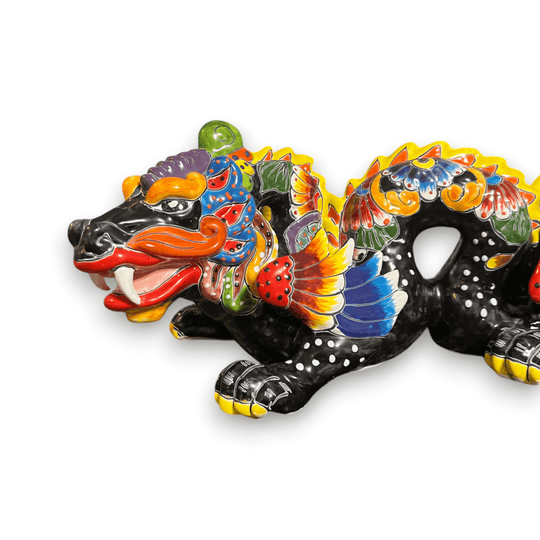 Handmade Talavera Dragon Statue | Vibrant Mexican Cultural Art - hand-painted black dragon with colorful traditional patterns