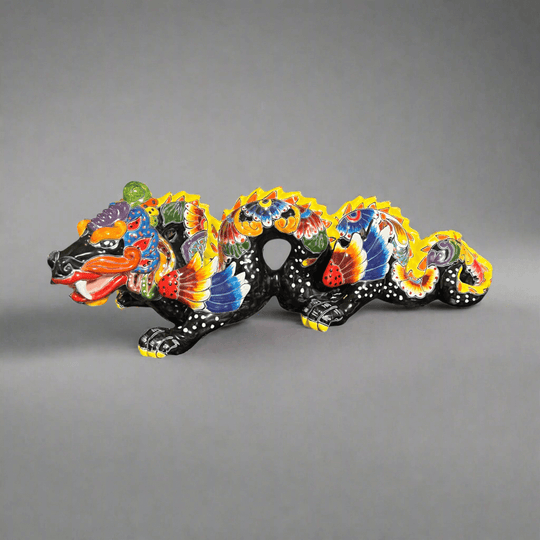 Handmade Talavera Dragon Statue | Vibrant Mexican Cultural Art - hand-painted kiln-fired dragon in bold traditional colors and intricate patterns