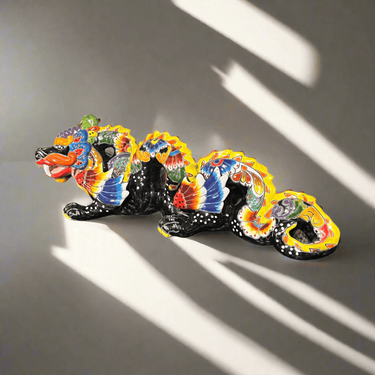 Handmade Talavera Dragon Statue | Vibrant Mexican Cultural Art - hand-painted colorful Talavera dragon from Guanajuato, kiln-fired lead-free glaze