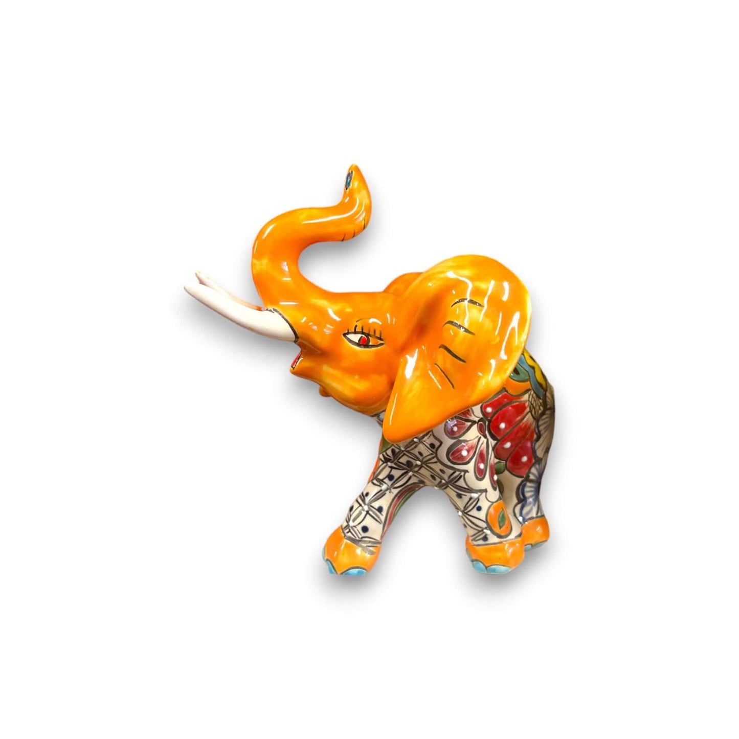 Talavera Elephant Statue | Handmade Mexican Ceramic Decor - hand-painted orange elephant with floral Talavera patterns, lead-free glazed home decor