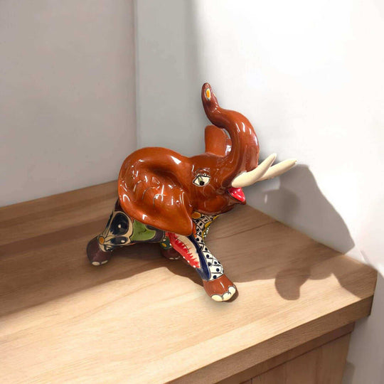 Talavera Elephant Statue | Handmade Mexican Ceramic Decor - hand-painted blue orange floral ceramic elephant figurine from Guanajuato