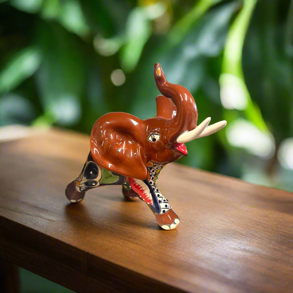 Talavera Elephant Statue | Handmade Mexican Ceramic Decor - hand-painted brown elephant with floral Talavera patterns, handmade in Guanajuato, Mexico