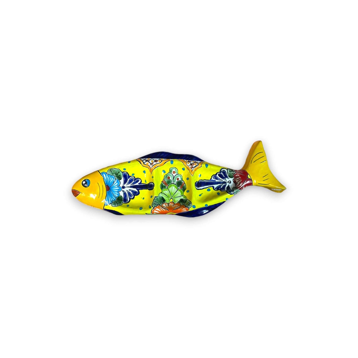 Handmade Talavera Fish Sectional | Large Colorful Serving Tray - hand-painted Mexican ceramic fish serving platter, vibrant yellow and blue design