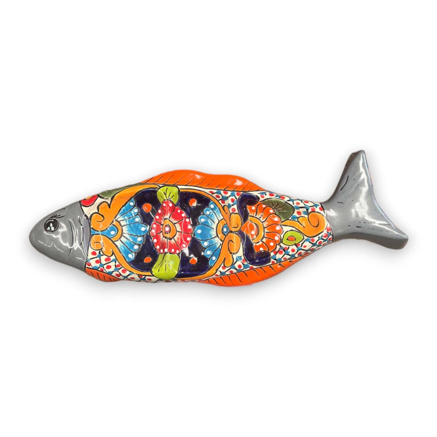Handmade Talavera Fish Sectional | Large Colorful Serving Tray - hand-painted fish-shaped serving tray from Guanajuato, vibrant kiln-fired glaze