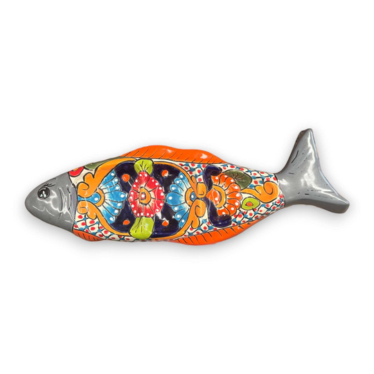 Handmade Talavera Fish Sectional | Large Colorful Serving Tray - hand-painted fish-shaped serving tray from Guanajuato, vibrant kiln-fired glaze