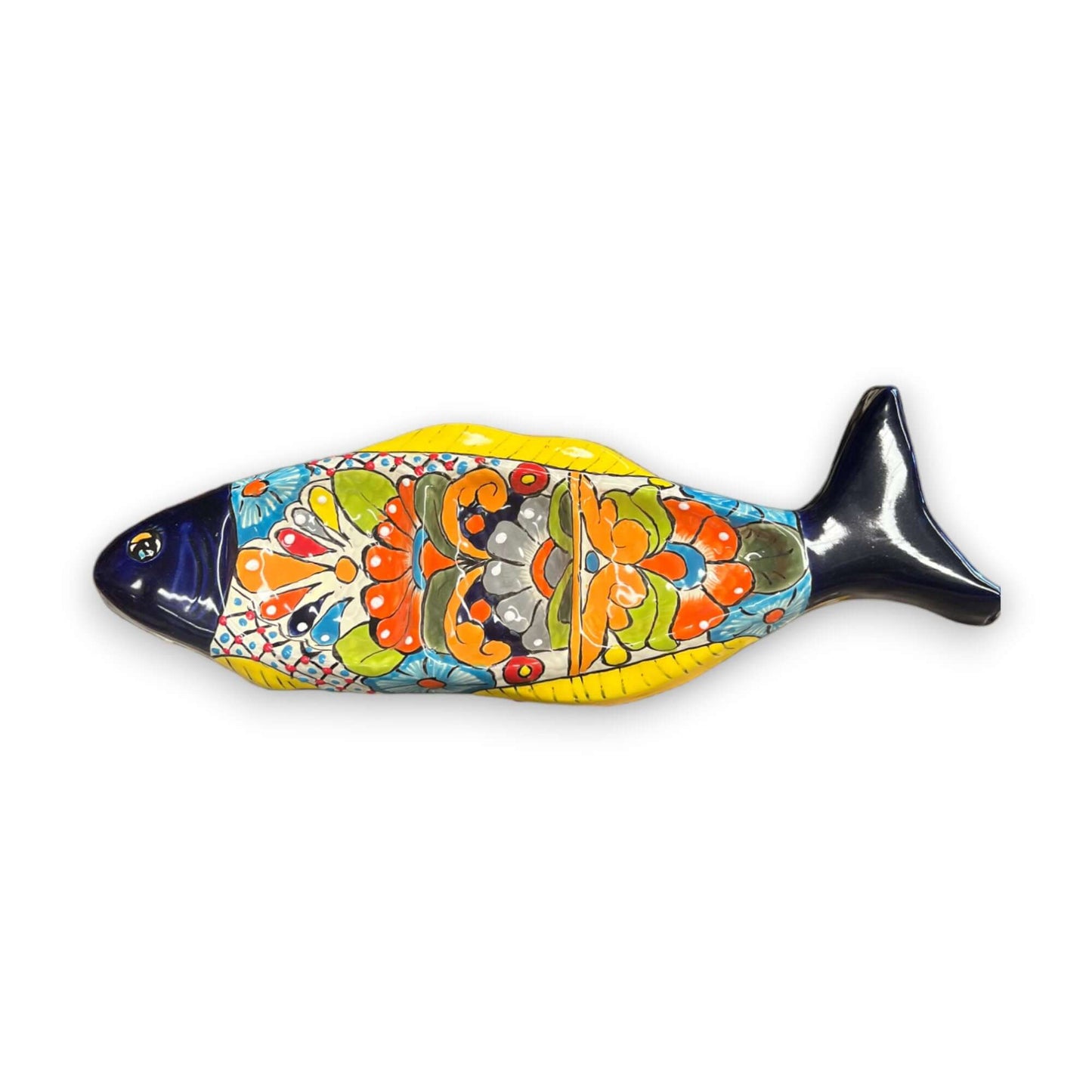 Handmade Talavera Fish Sectional | Large Colorful Serving Tray - hand-painted vibrant fish-shaped serving tray from Guanajuato, kiln-fired, lead-free glaze