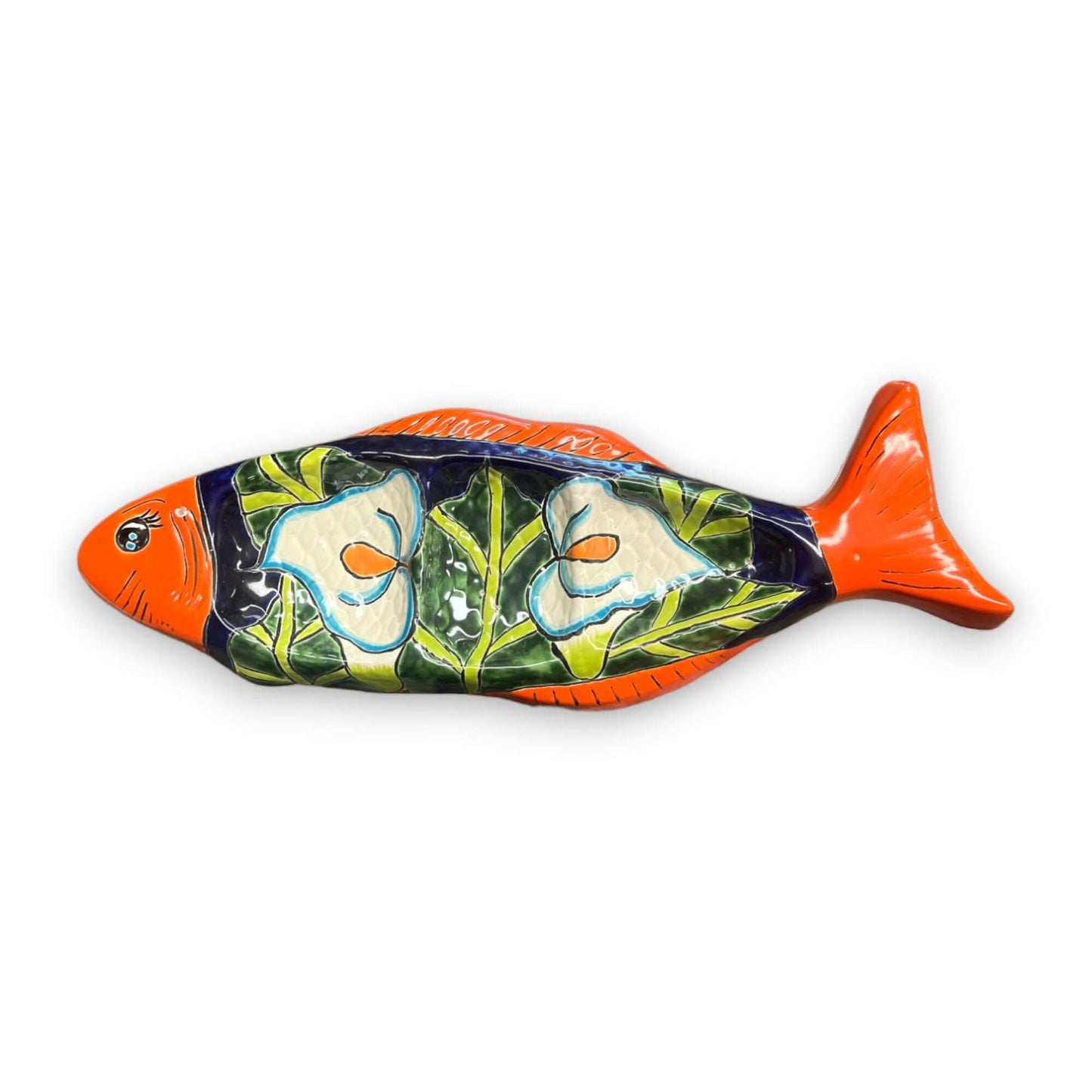 Handmade Talavera Fish Sectional | Large Colorful Serving Tray - hand-painted orange fish-shaped ceramic serving tray