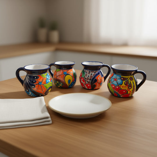 Talavera Floral Coffee Mug | Handcrafted Mexican Ceramic Cup on wooden table, set of four colorful hand-painted floral mugs