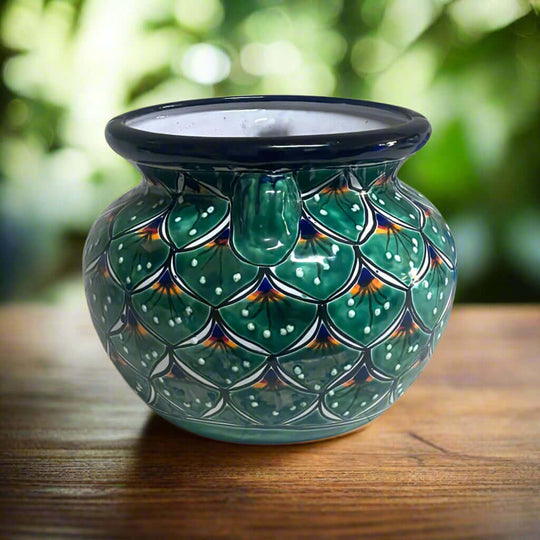 Vibrant Talavera Flower Pot | Green Peacock Design - handmade hand-painted ceramic planter with green peacock floral motif, lead-free glaze