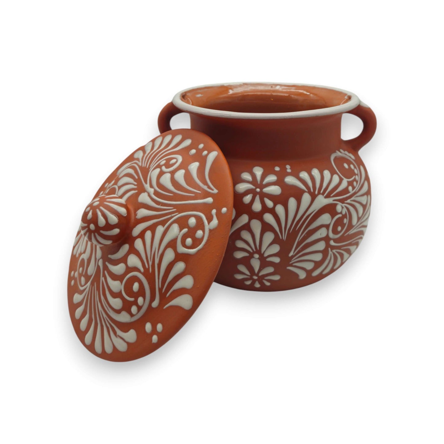 Talavera Frijolero Bean Pot with Lid | Mexican Clay Pot - handmade brown and white floral Talavera bean pot with handled lid