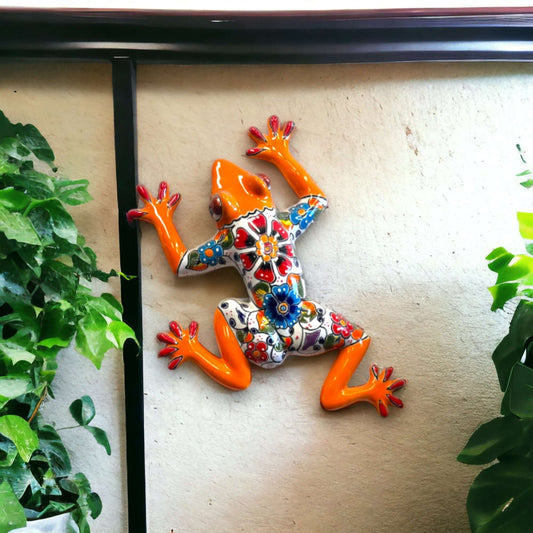Large Handmade Frog Wall Art | Hand-Painted Talavera Mexican Decor — vibrant orange hand-painted Talavera frog wall sculpture