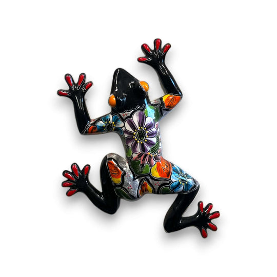 Large Handmade Frog Wall Art | Hand-Painted Talavera Mexican Decor - hand-painted black Talavera frog with colorful floral design