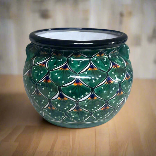 Vibrant Talavera Flower Pot | Green Peacock Design hand-painted green peacock planter, handmade in Guanajuato, lead-free kiln-fired glaze