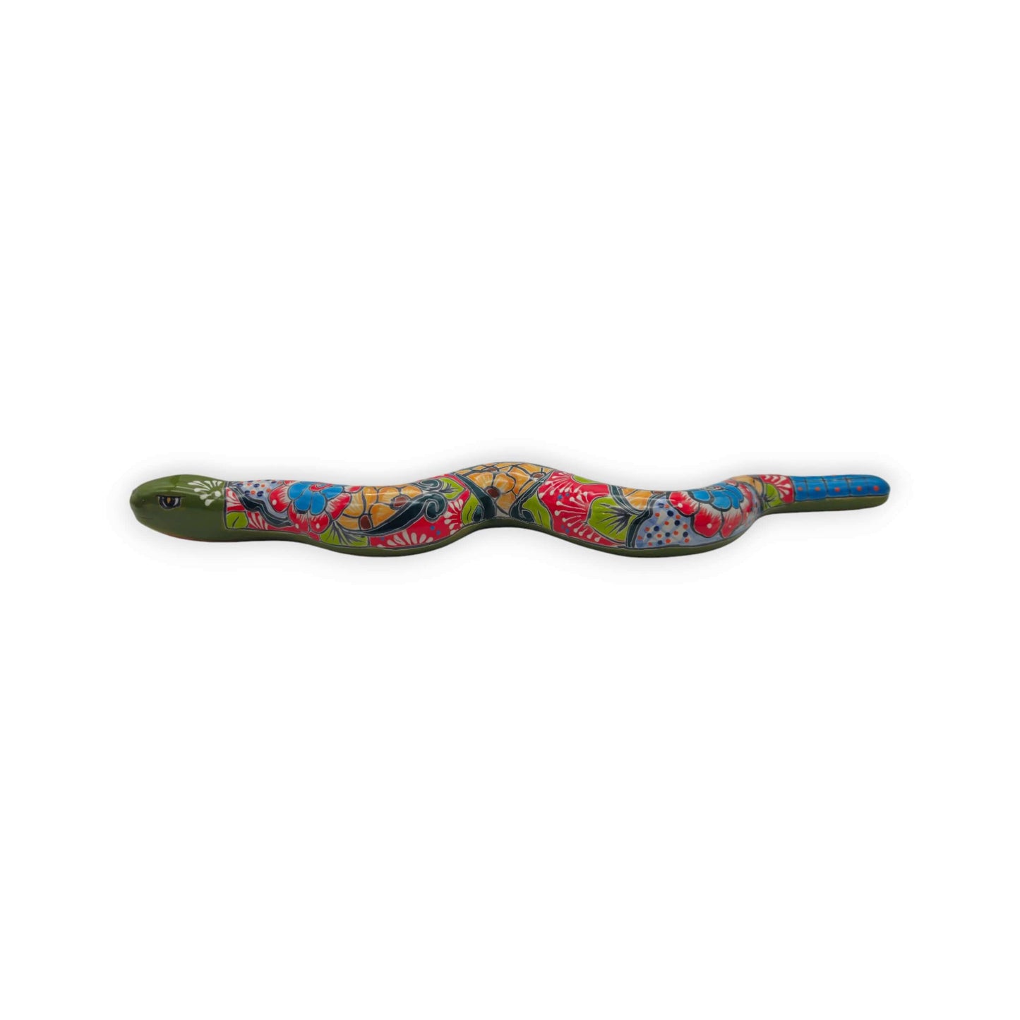 Handmade Talavera Snake Statue | Hand-Painted Mexican Decor wooden 2-foot hand-painted kiln-fired lead-free glaze vibrant floral design