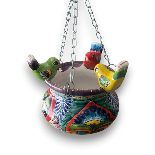 Talavera Hanging Planter with Birds | Small Handmade Ceramic Pot - colorful hand-painted Talavera hanging bird planter, kiln-fired, lead-free glaze, Guanajuato