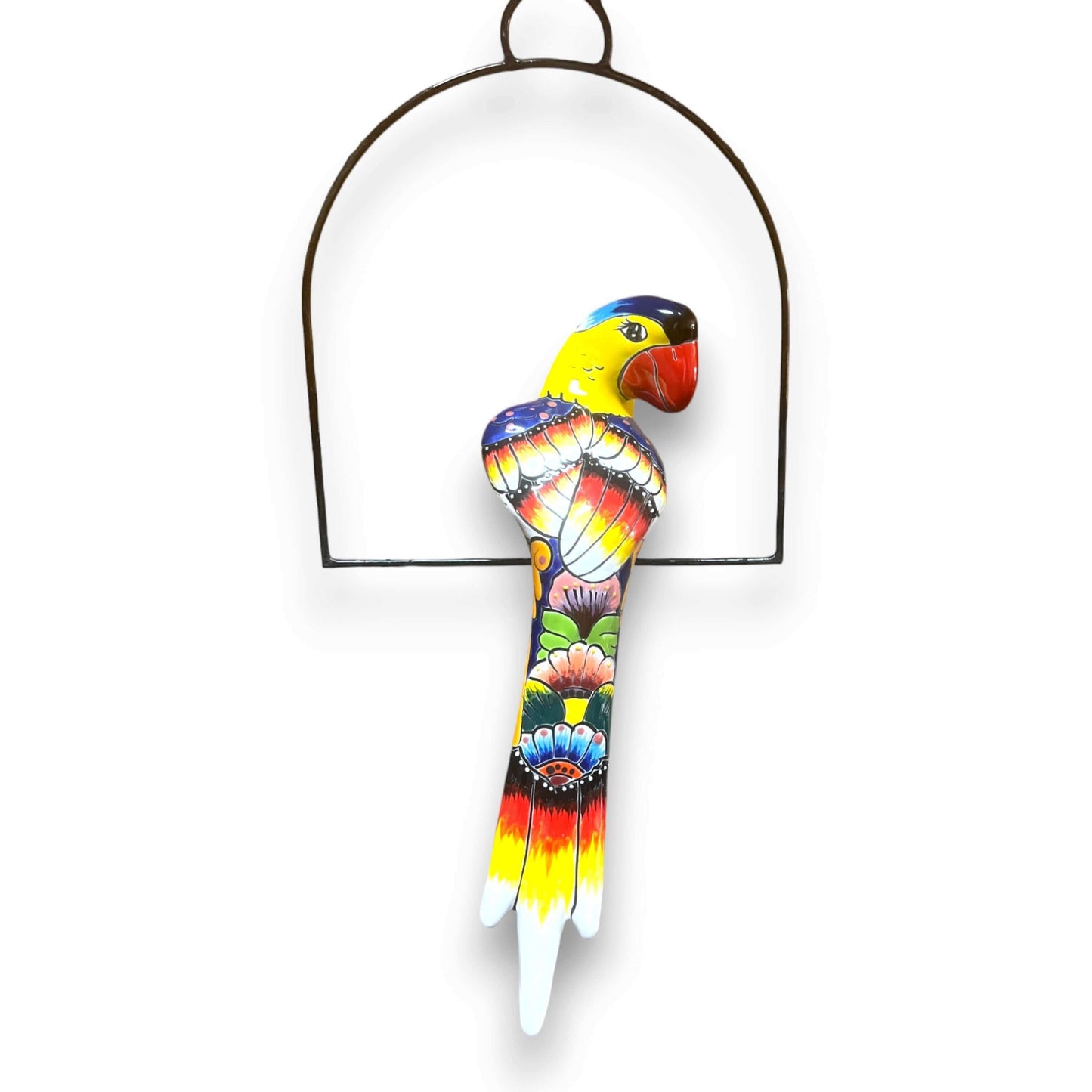 Talavera Hanging Parrot | Colorful Mexican  Bird - Handmade hand-painted ceramic parrot on metal hanger, bright Talavera folk art from Guanajuato