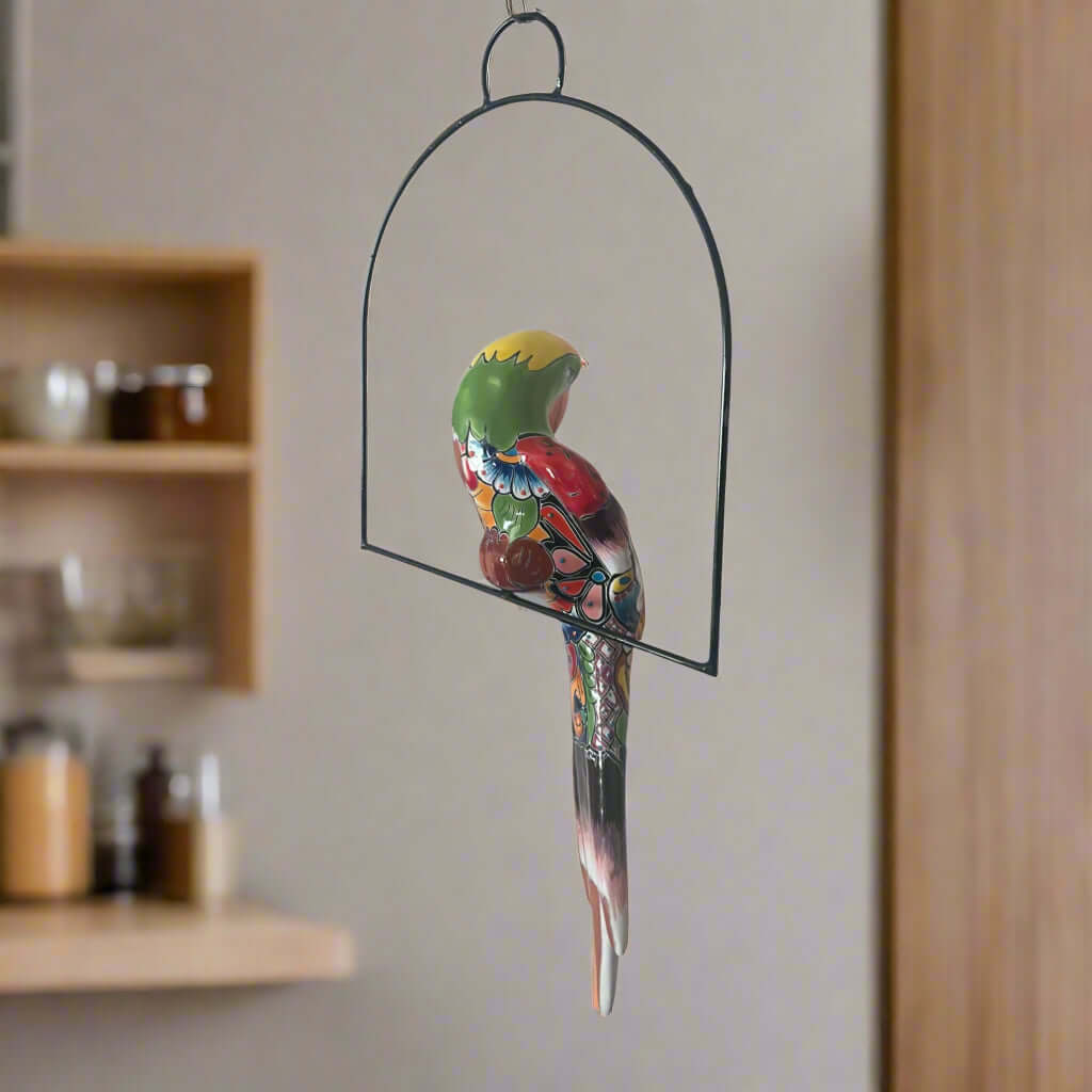 Talavera Hanging Parrot | Colorful Mexican  Bird - handmade hand-painted ceramic parrot ornament for home, patio or garden wall