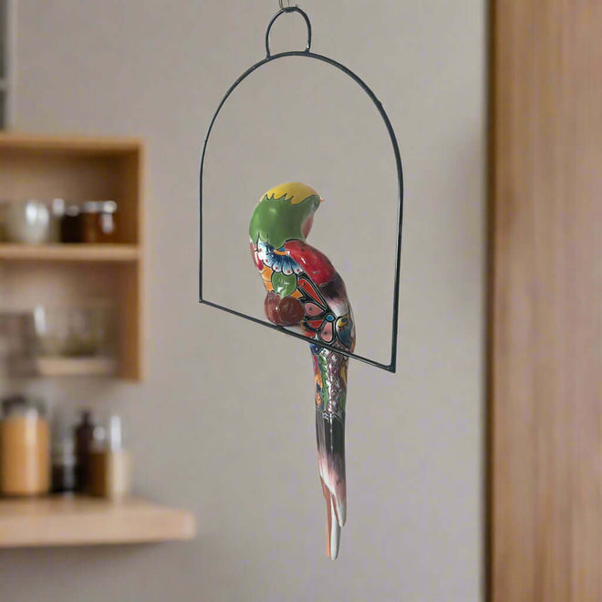 colorful bird hanging planter Handmade Talavera Hanging Parrot