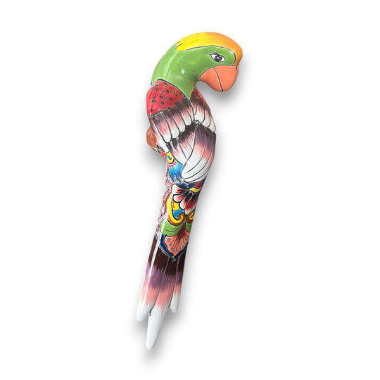 Talavera Hanging Parrot | Colorful Mexican  Bird - handmade hand-painted ceramic parrot with bright Talavera patterns for wall, patio, or garden