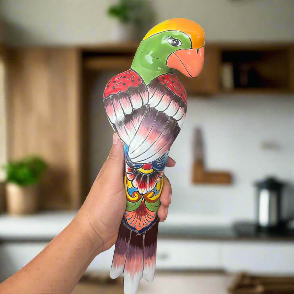 Alt Tag: Talavera Hanging Parrot | Colorful Mexican  Bird - handmade hand-painted ceramic parrot with bright Talavera patterns for home or garden