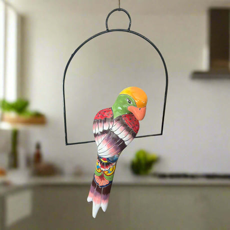 Talavera Hanging Parrot | Colorful Mexican  Bird handmade hand-painted ceramic parrot for home patio garden decor