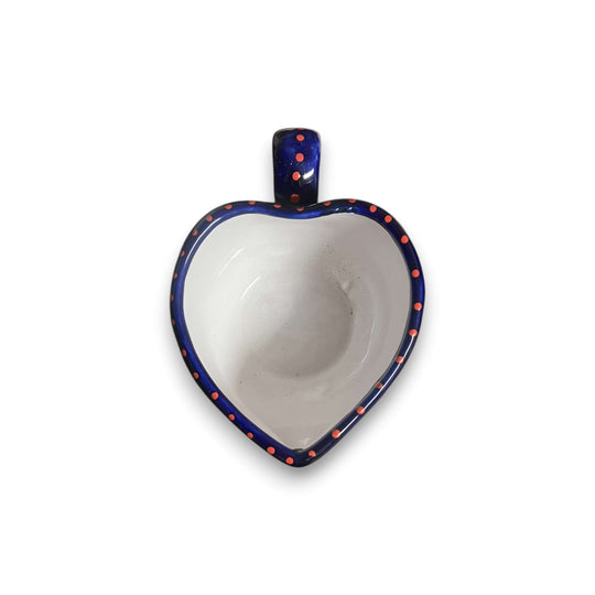 Colorful Talavera Heart Mug | Handmade Mexican Pottery Cup - top view heart-shaped ceramic mug with cobalt blue rim and hand-painted dots