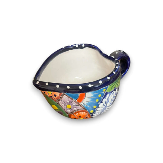 Colorful Talavera Heart Mug | Handmade Mexican Pottery Cup hand-painted heart-shaped ceramic mug with cobalt rim and floral Talavera design