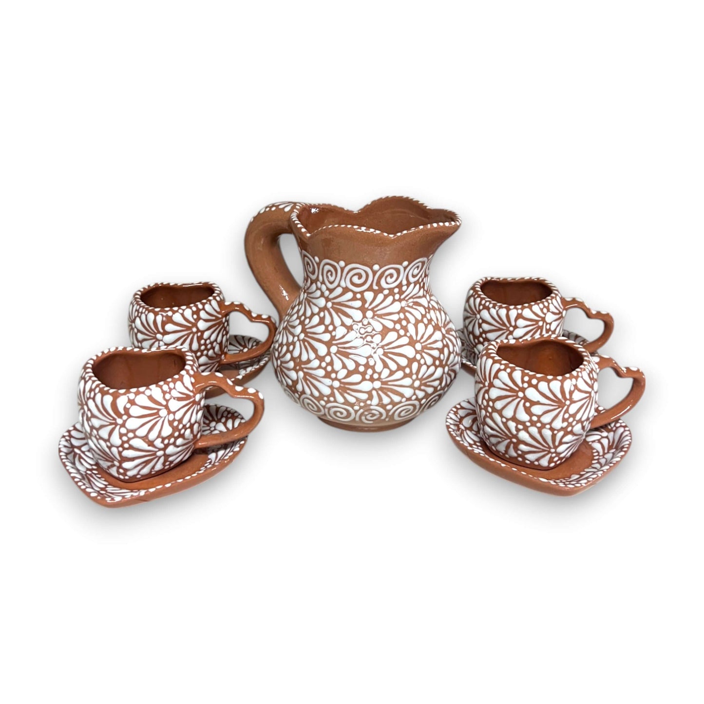 Heart Mug & Pitcher Set | Handmade Mexican Pottery (9-Pieces) - handmade white-painted terracotta pitcher with 4 heart-shaped mugs and saucers