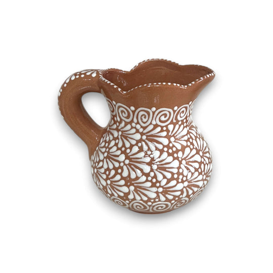Heart Mug & Pitcher Set | Handmade Mexican Pottery (9-Pieces) - hand-painted terracotta pitcher with white floral talavera design